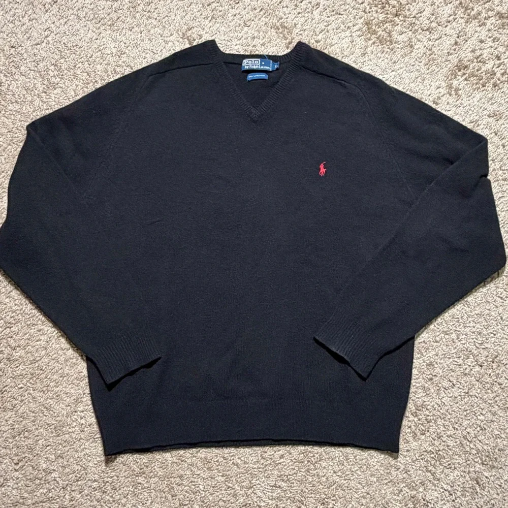Polo Ralph Lauren Mens XL Black 100% Lambswool V-Neck Sweater Red Pony Logo